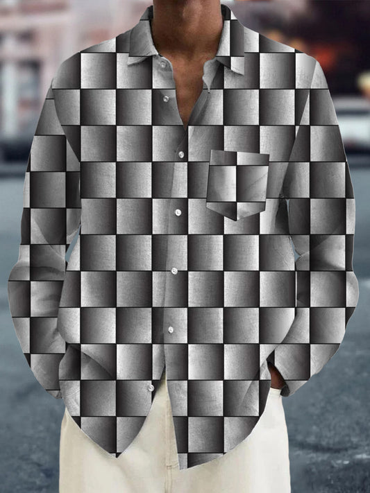 Geometric Print Long Sleeve Men's Shirts With Pocket