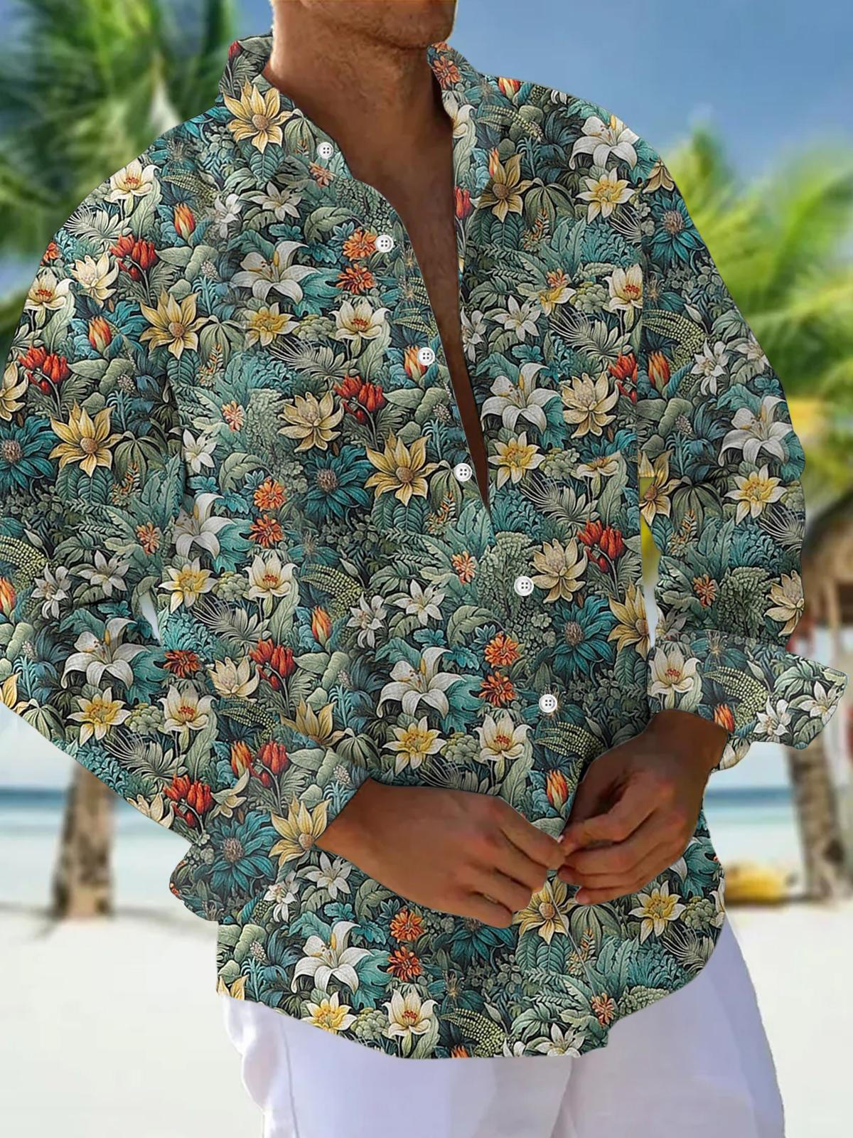 Floral Print Long Sleeve Men's Shirts With Pocket