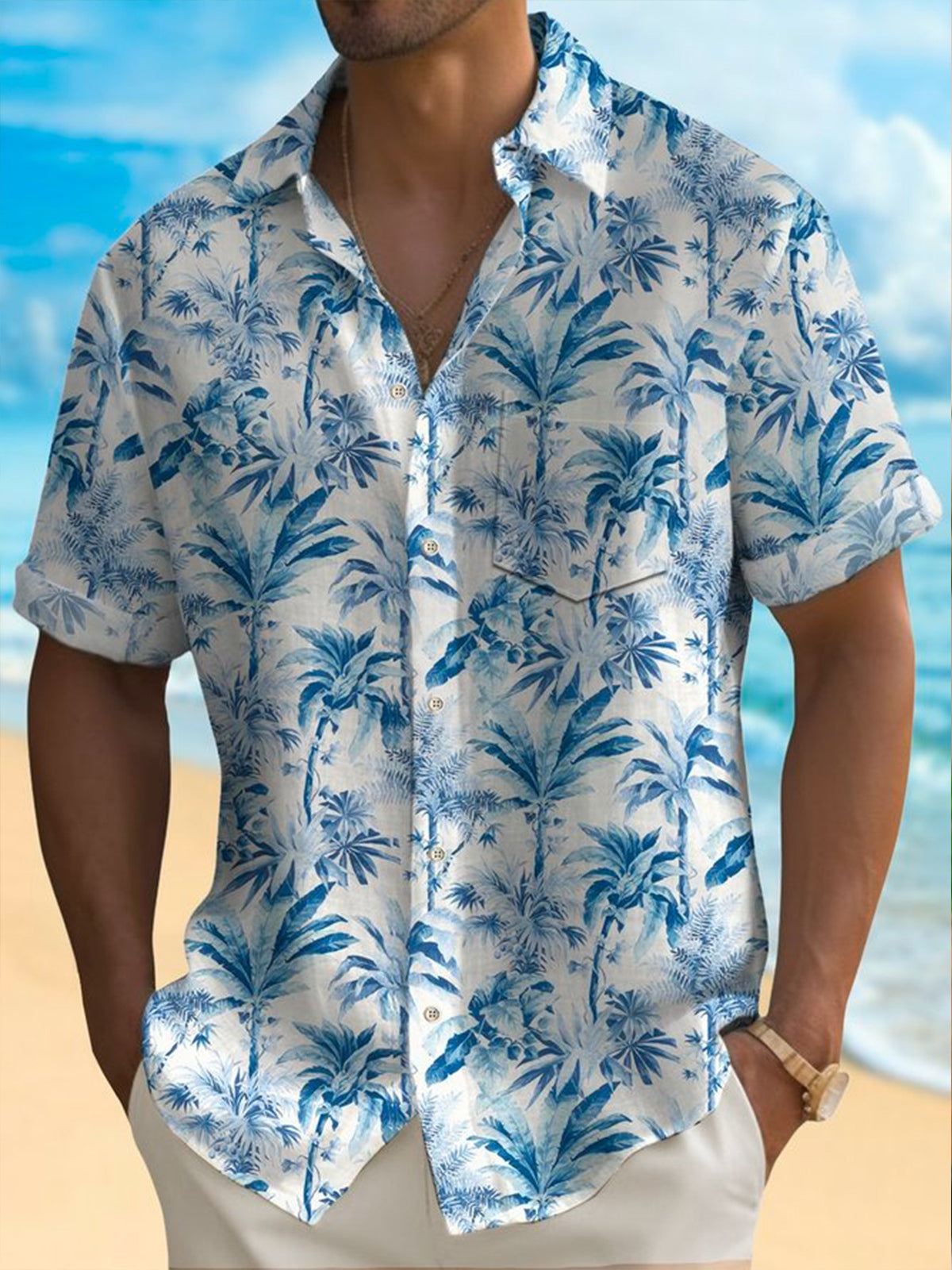 Hawaiian Botanical Floral Print Short Sleeve Men's Shirts With Pocket