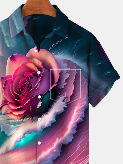 Sea Wave Rose Kurzarmhemden für Herren mit Tasche