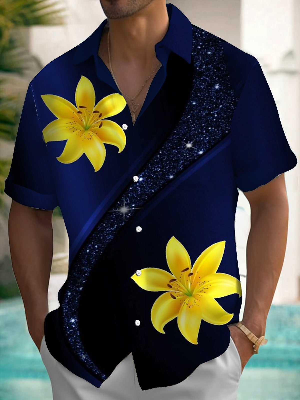 Floral Print Short Sleeve Men's Shirts With Pocket