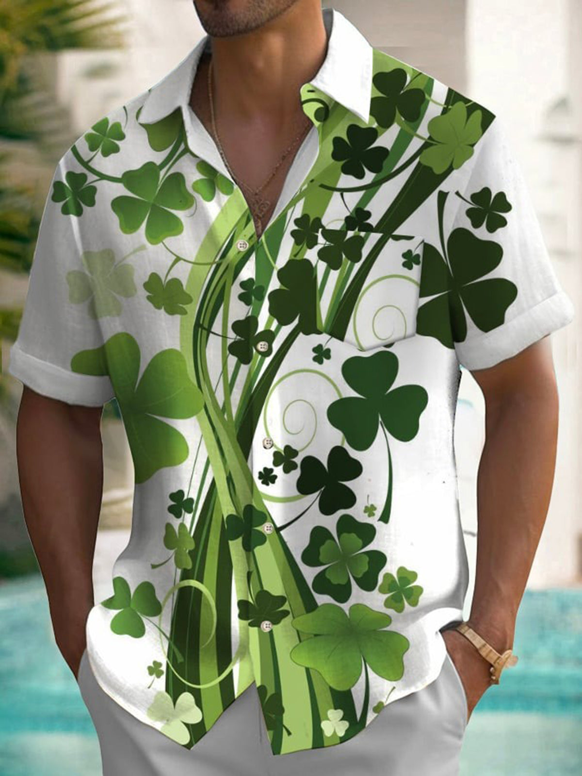 Bedruckte Hawaii-Kurzarmhemden für Herren zum St. Patrick's Day mit Tasche