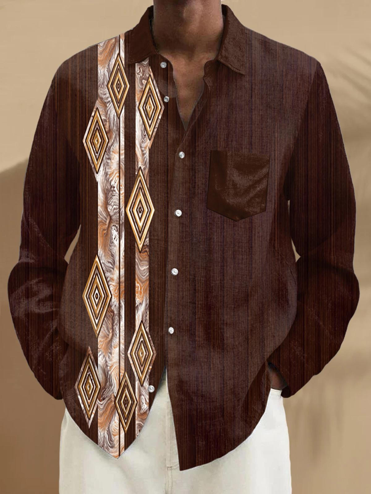 Retro Ethnic Style Wood Grain Personalized Men's Long-Sleeved Shirt