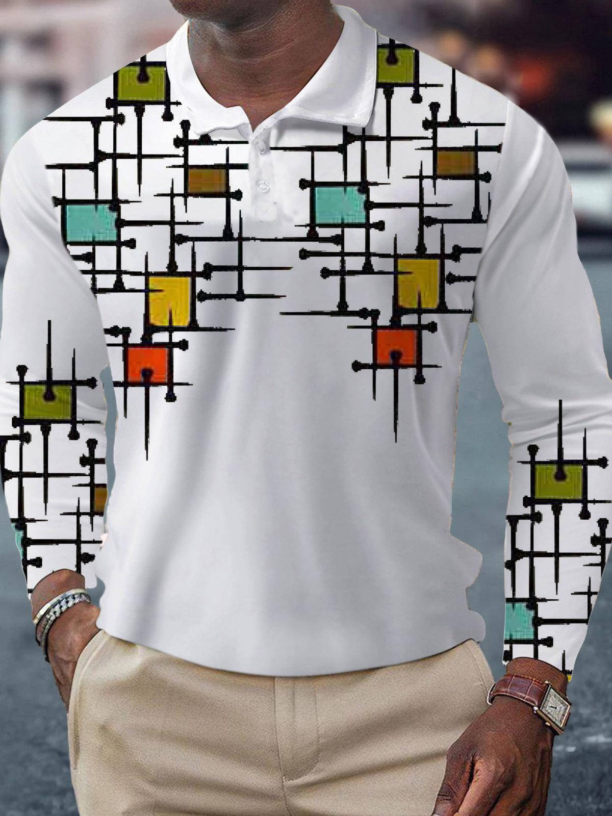 Geometric Print Men's Long Sleeve Button Polo