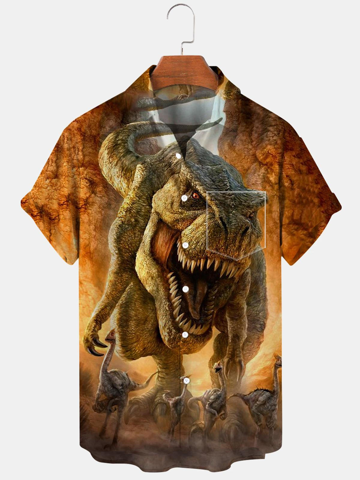 Dinosaur Short Sleeve Men's Shirts With Pocket