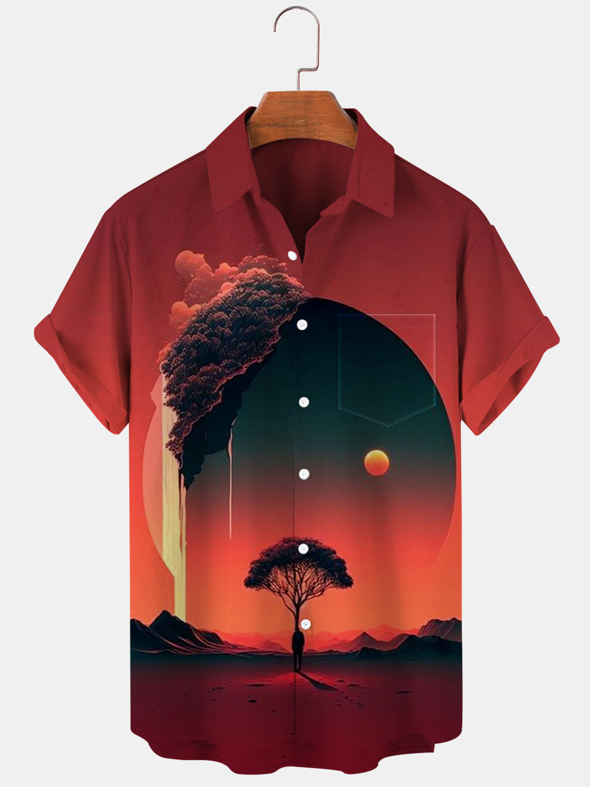 Tree Print Short Sleeve Men's Shirts With Pocket