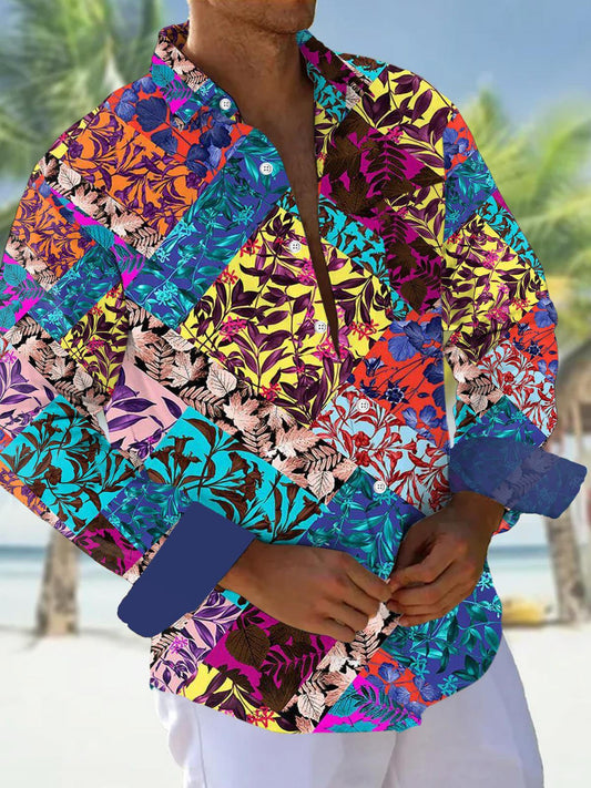 Vintage Floral Color Block Print Lapel Men's Long Sleeve Shirt
