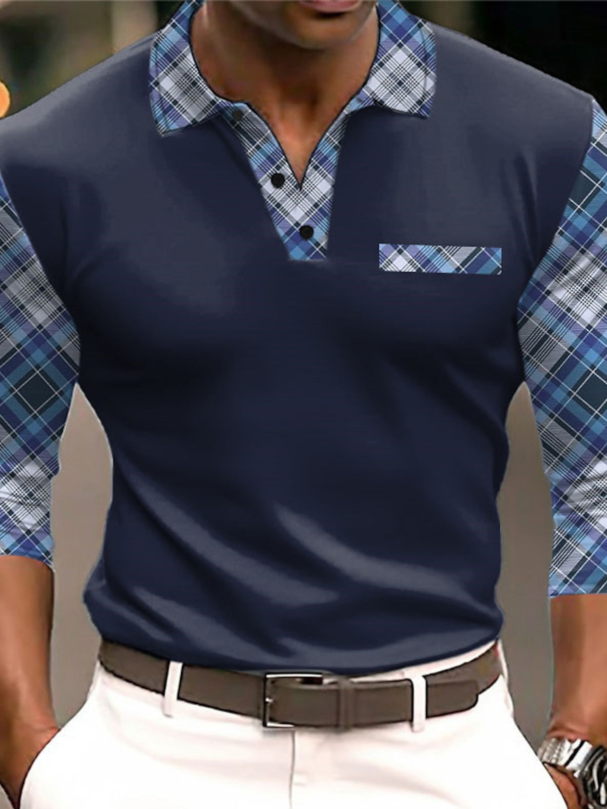 Plaid Business Cable Knit Men's Long Sleeve Button Polo