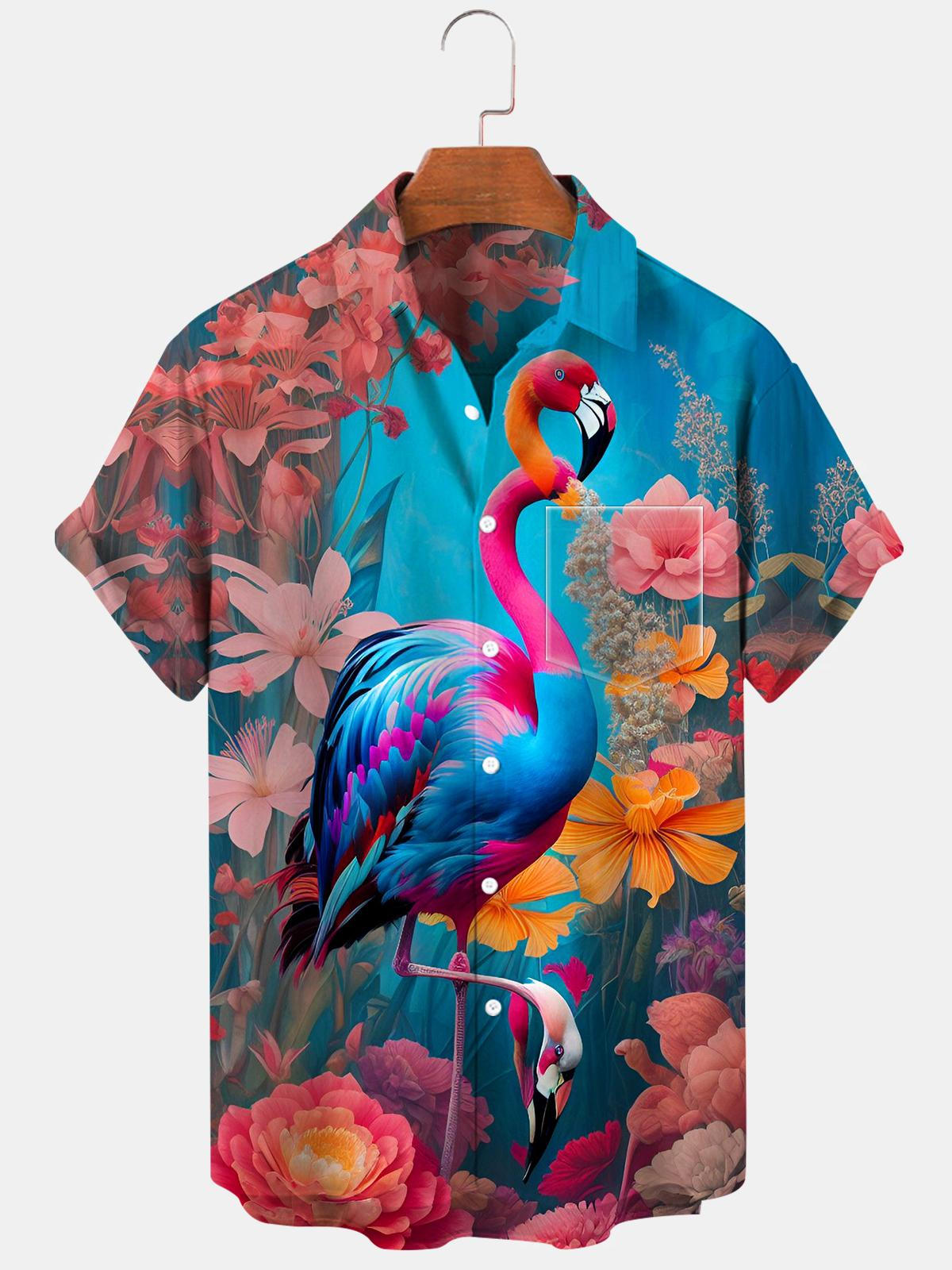 Flamingo Flower Kurzarm Herrenhemden mit Tasche