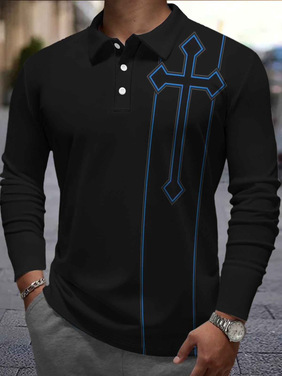 Cross Print Men's Long Sleeve Button Polo