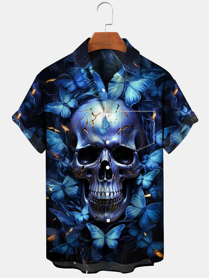 Skull Butterfly Short Sleeve Men's Shirts With Pocket