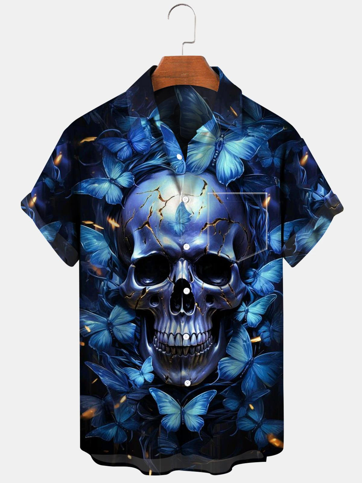 Skull Butterfly Short Sleeve Men's Shirts With Pocket