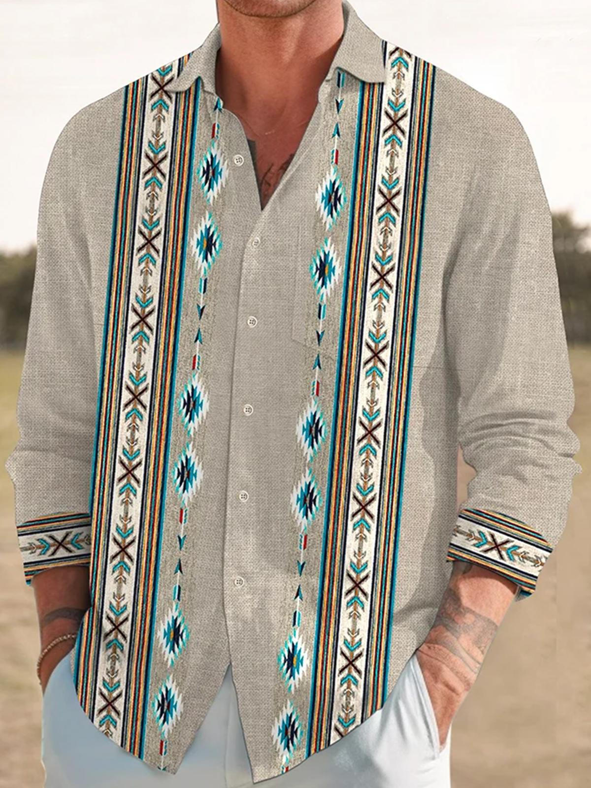 Ethnic Print Men's Long Sleeve Lapel Shirt