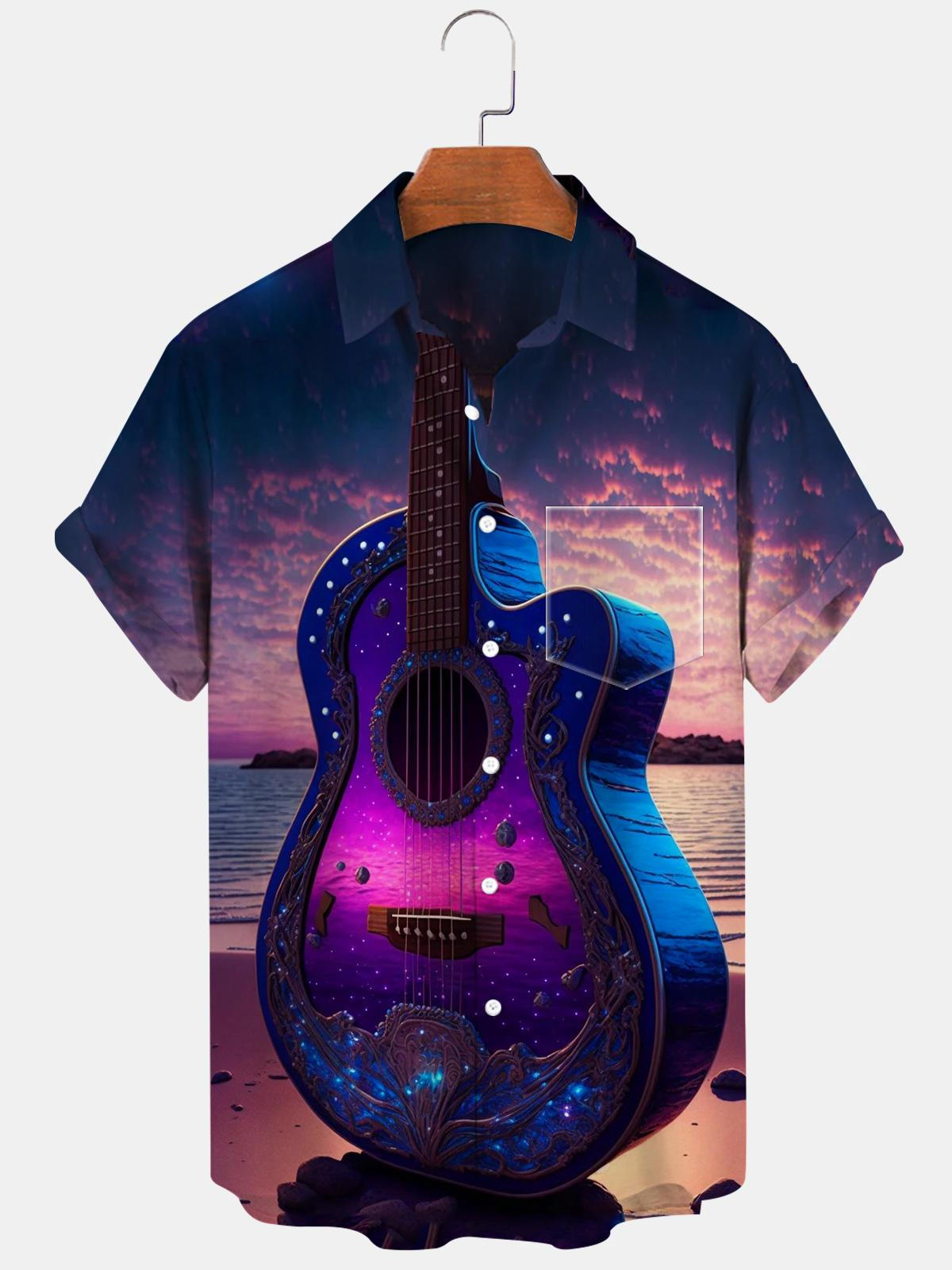 Guitar Beach Short Sleeve Men's Shirts With Pocket