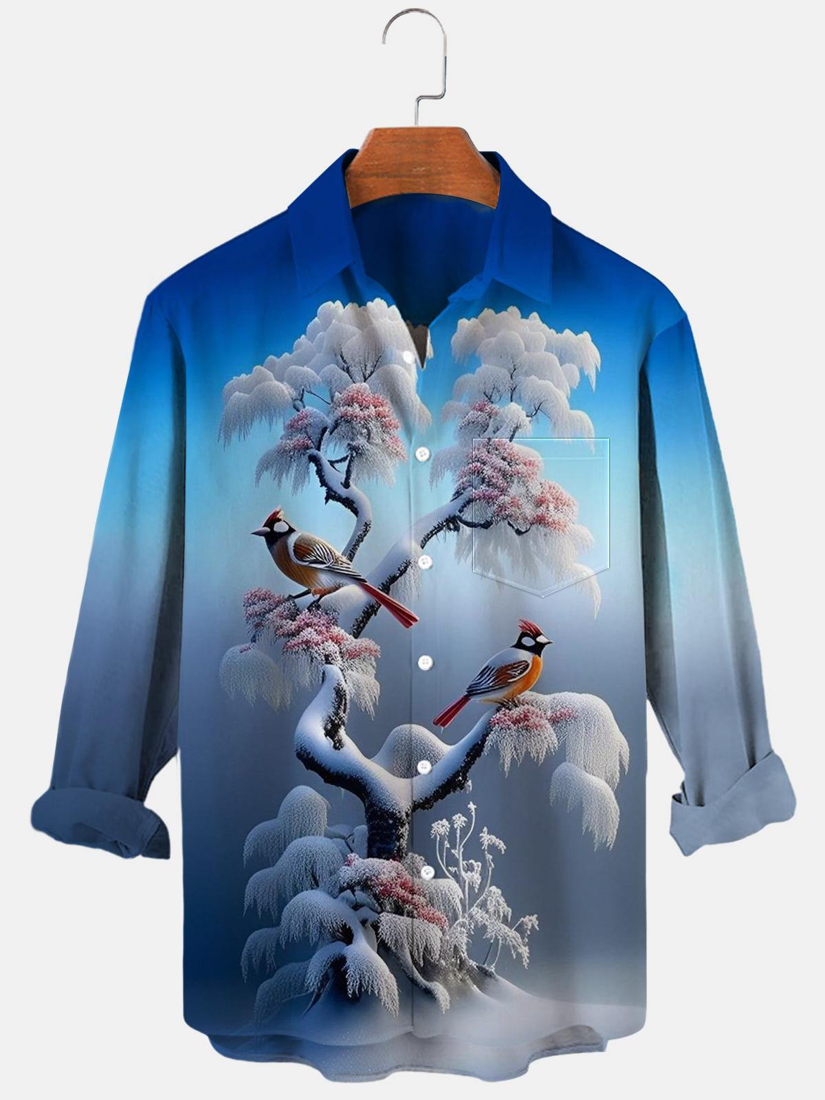 Winter Bird Tree Langarm Herrenhemden mit Tasche