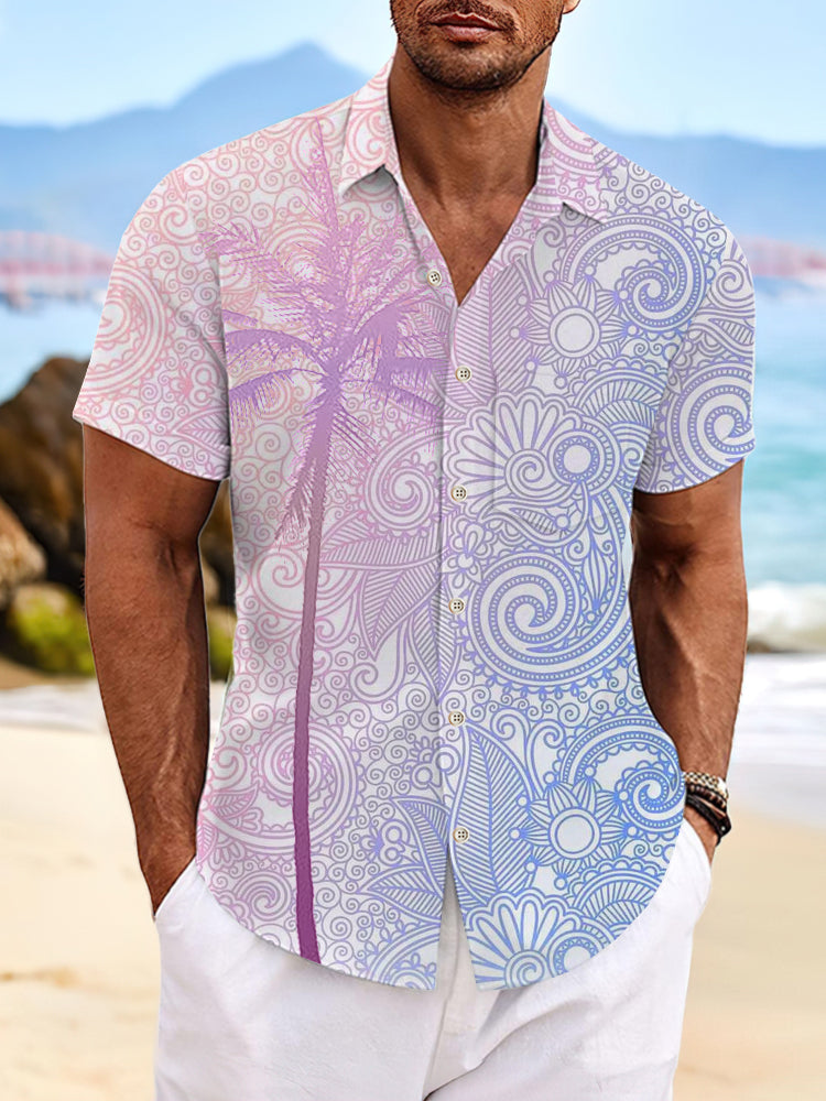 Gradient Coconut Tree Hippie Short Sleeve Men's Shirts With Pocket