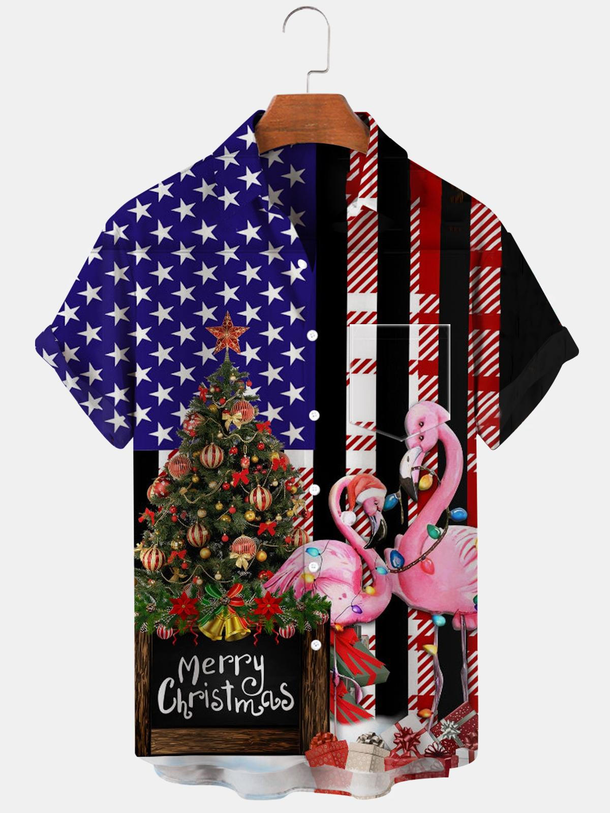 Flamingo American Flag Christmas Tree Short Sleeve Men's Shirts With Pocket