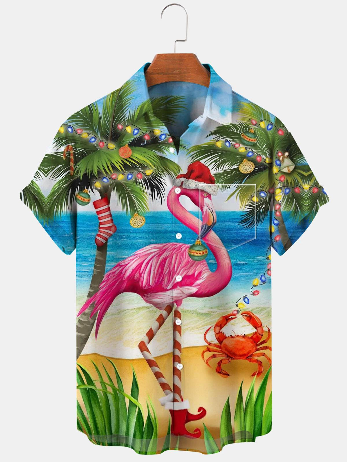 Weihnachts-Flamingo-Kurzarm-Herrenhemden mit Tasche