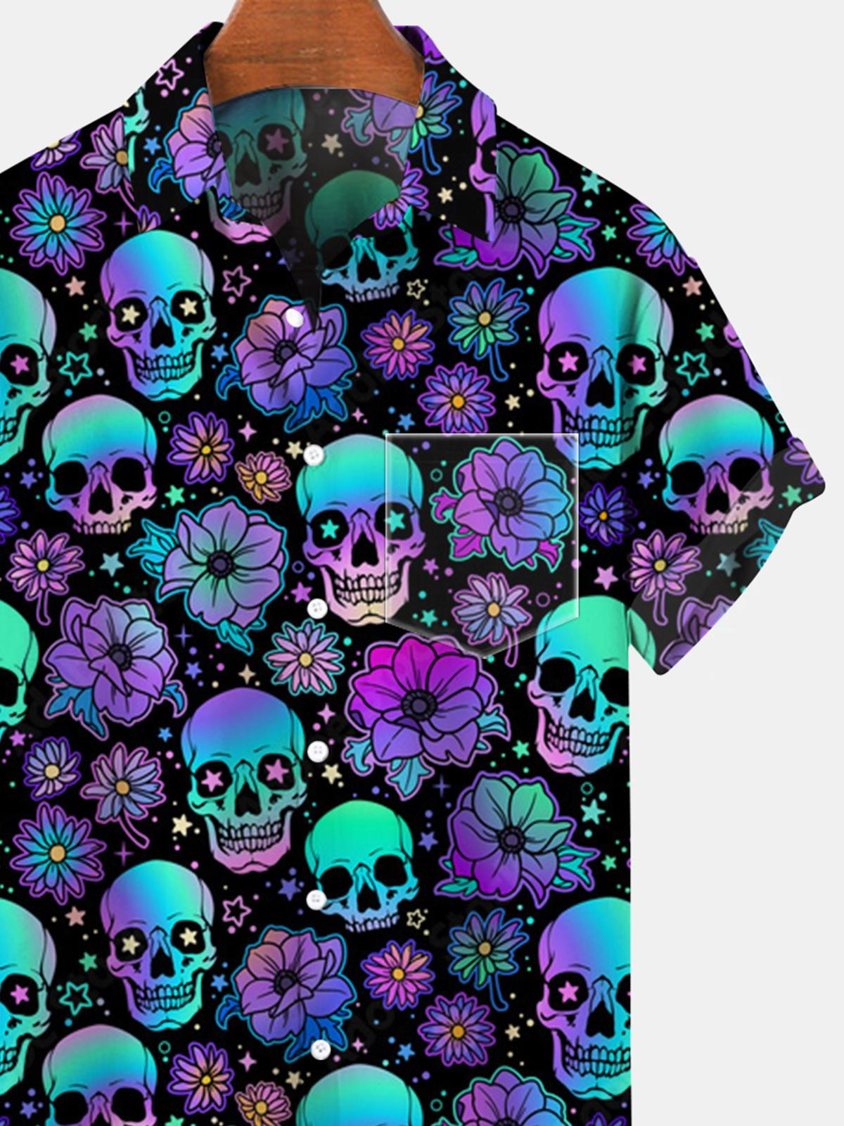 Skull Flower Short Sleeve Men's Shirts With Pocket