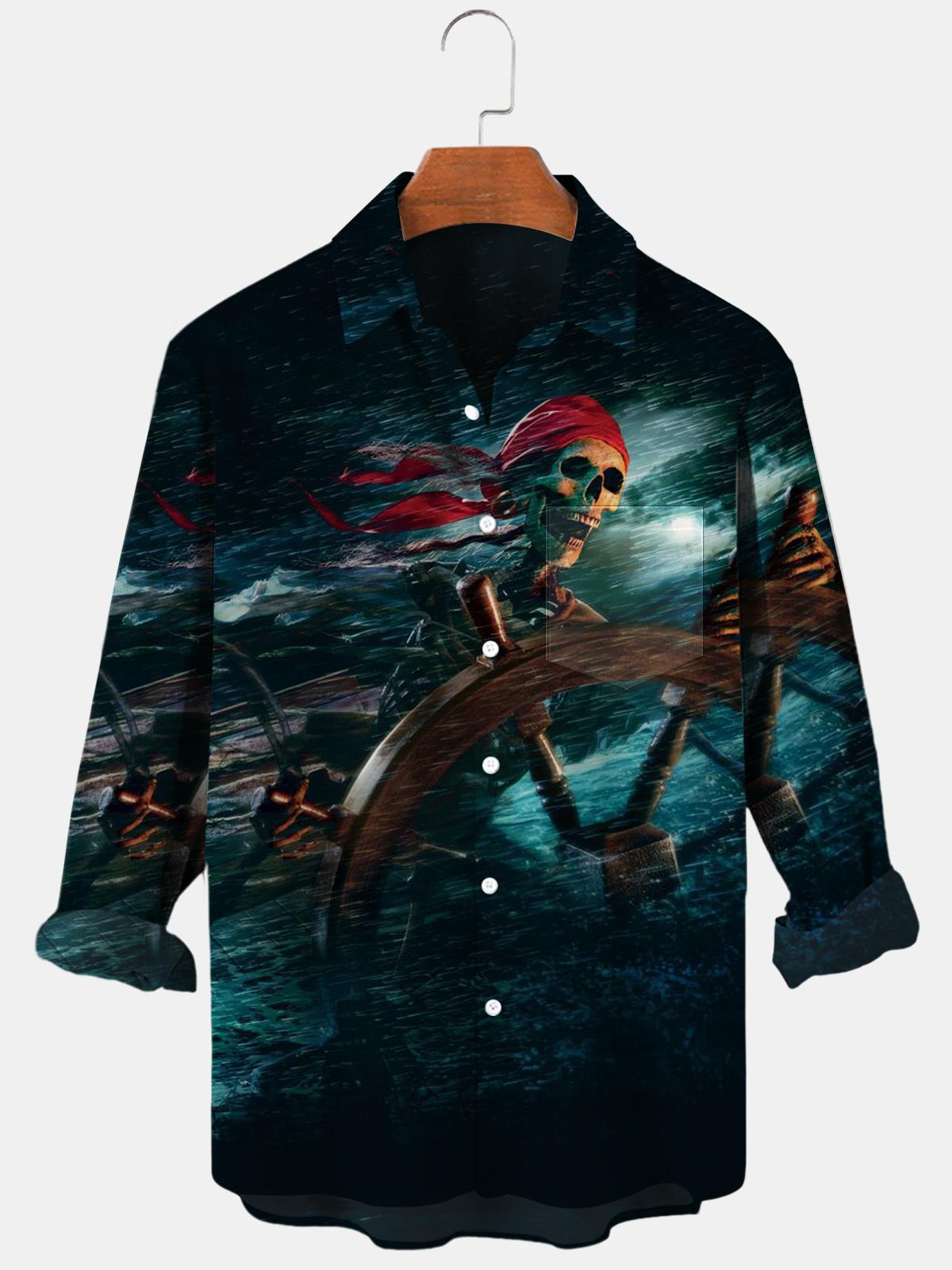 Skull Long Sleeve Men's Shirts With Pocket