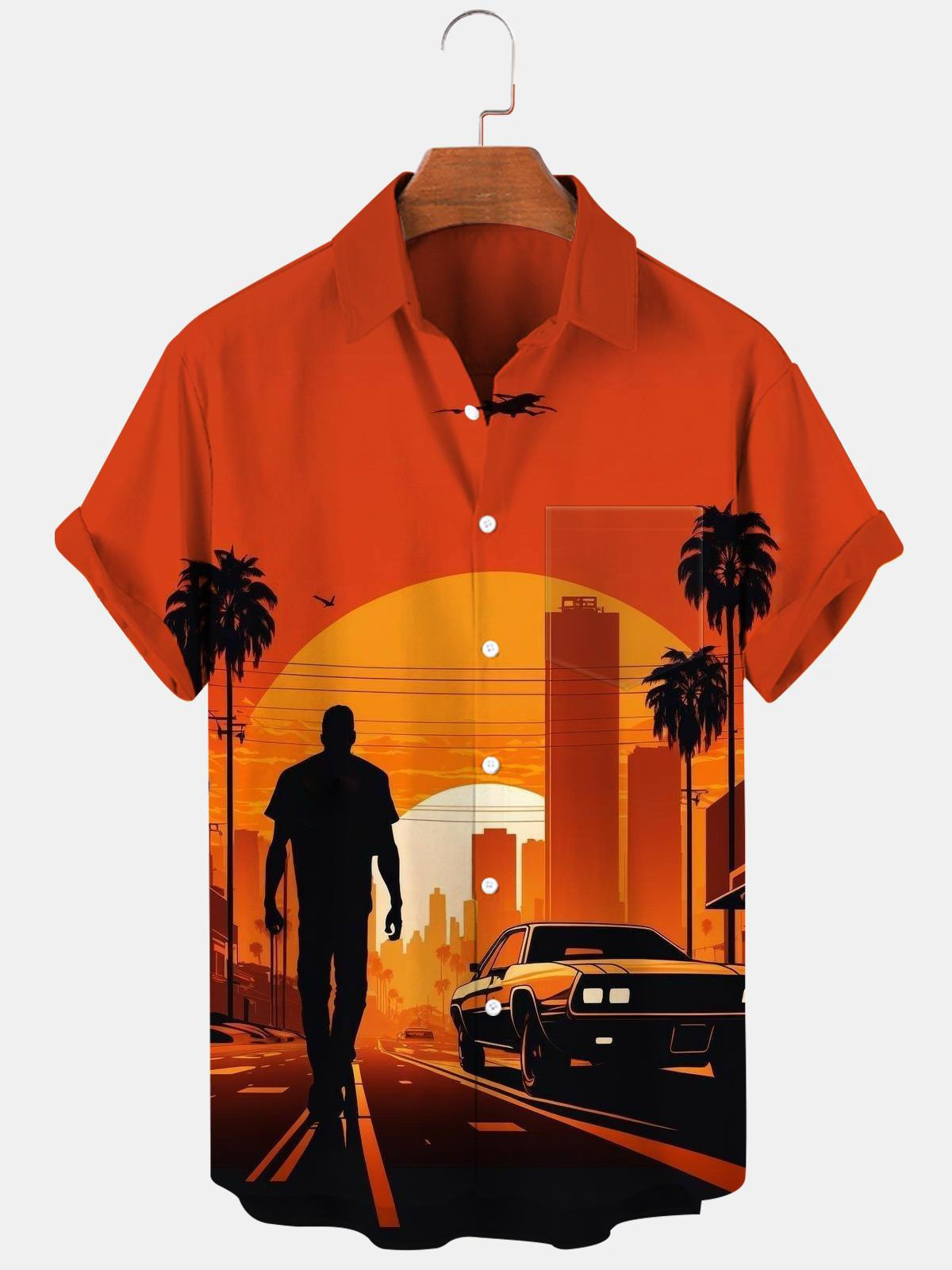 Sunset Car Coconut Palm Men's Shirts With Pocket