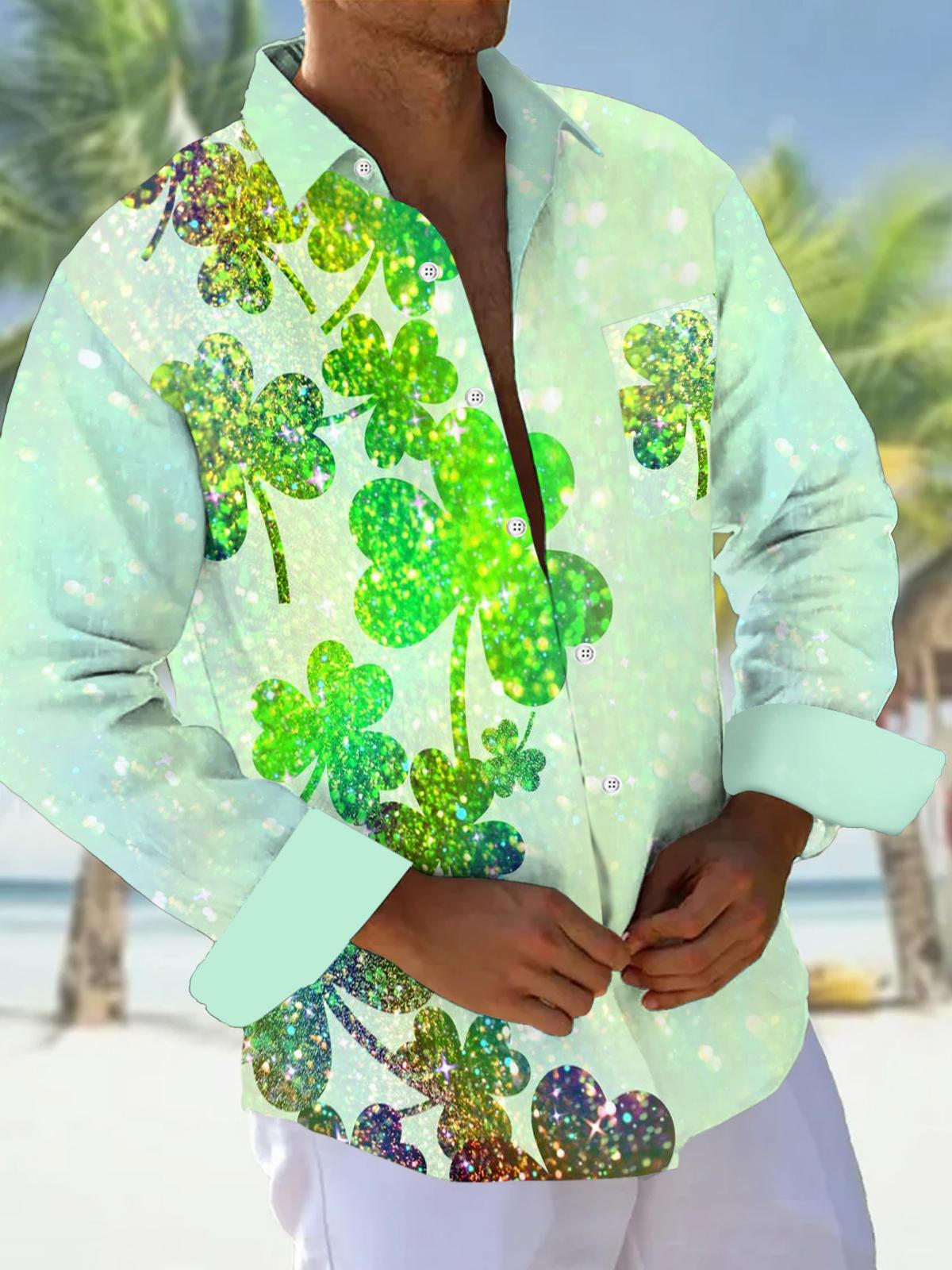 St. Patrick's Day Colorful Shamrock Print Men's Lapel Shirt