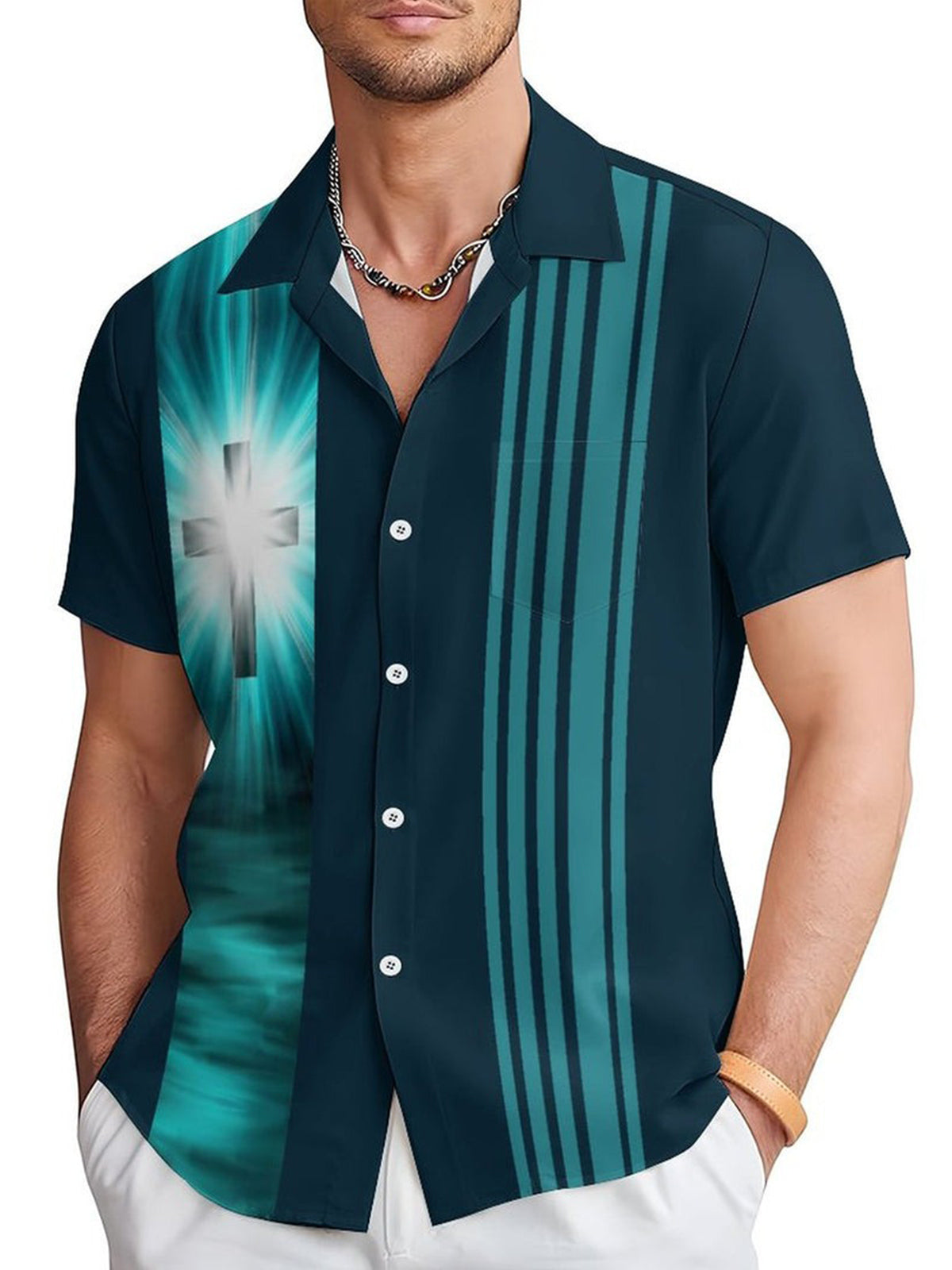 Cross Stripe Abstract Short Sleeve Men's Shirts With Pocket