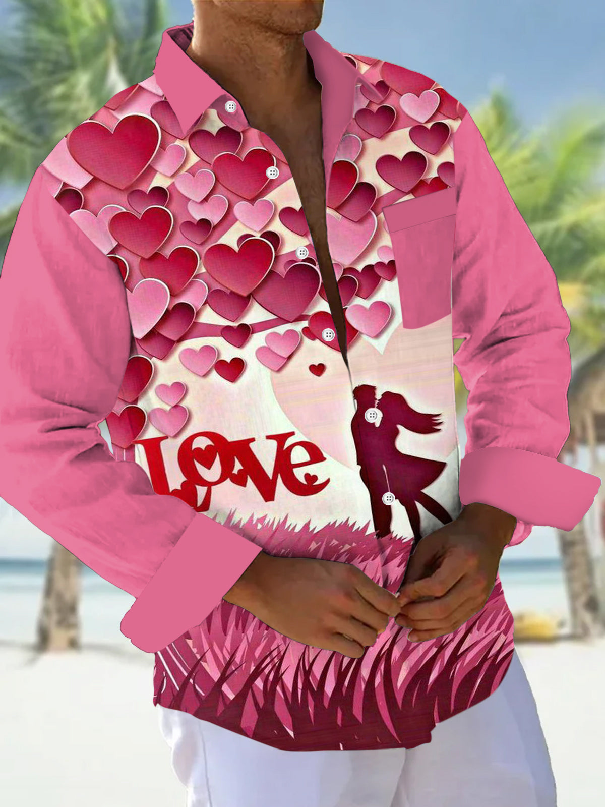 Valentine's Day Love Tree Men's Long Sleeve Lapel Shirt