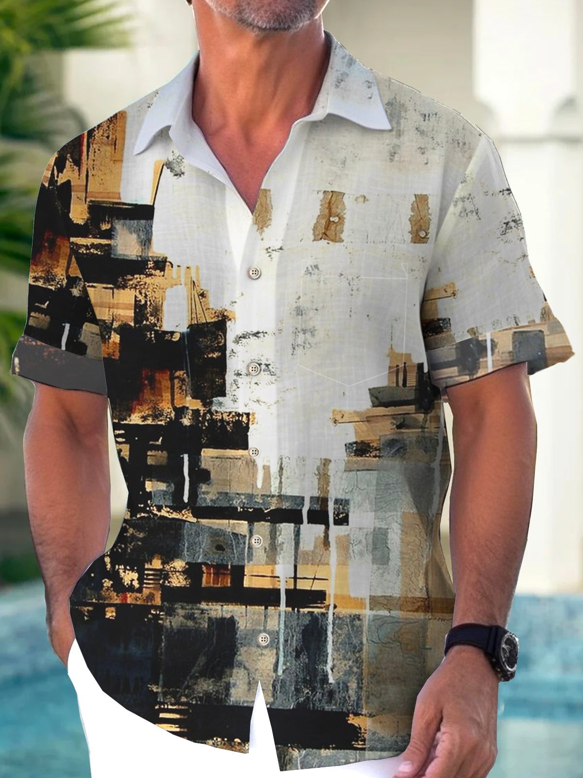 Hawaiian Art Texture Gradient Short Sleeve Men's Shirts With Pocket