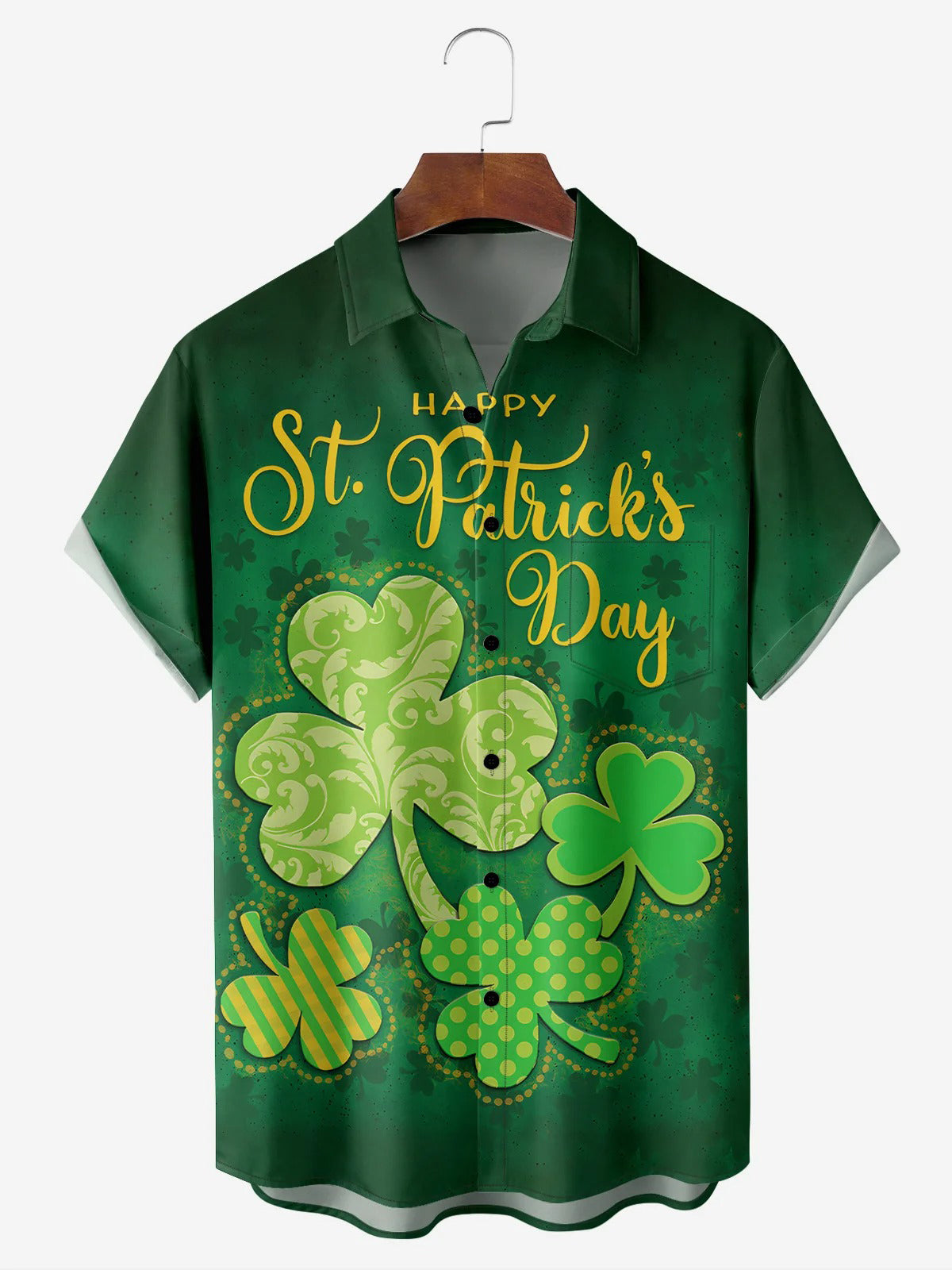 St. Patrick's Day Kleeblatt Kurzarm Herrenhemden mit Tasche