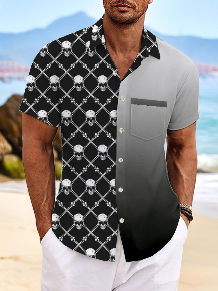 Skull Retro Bowling Hawaiian Print Short Sleeve Men's Shirts With Pocket