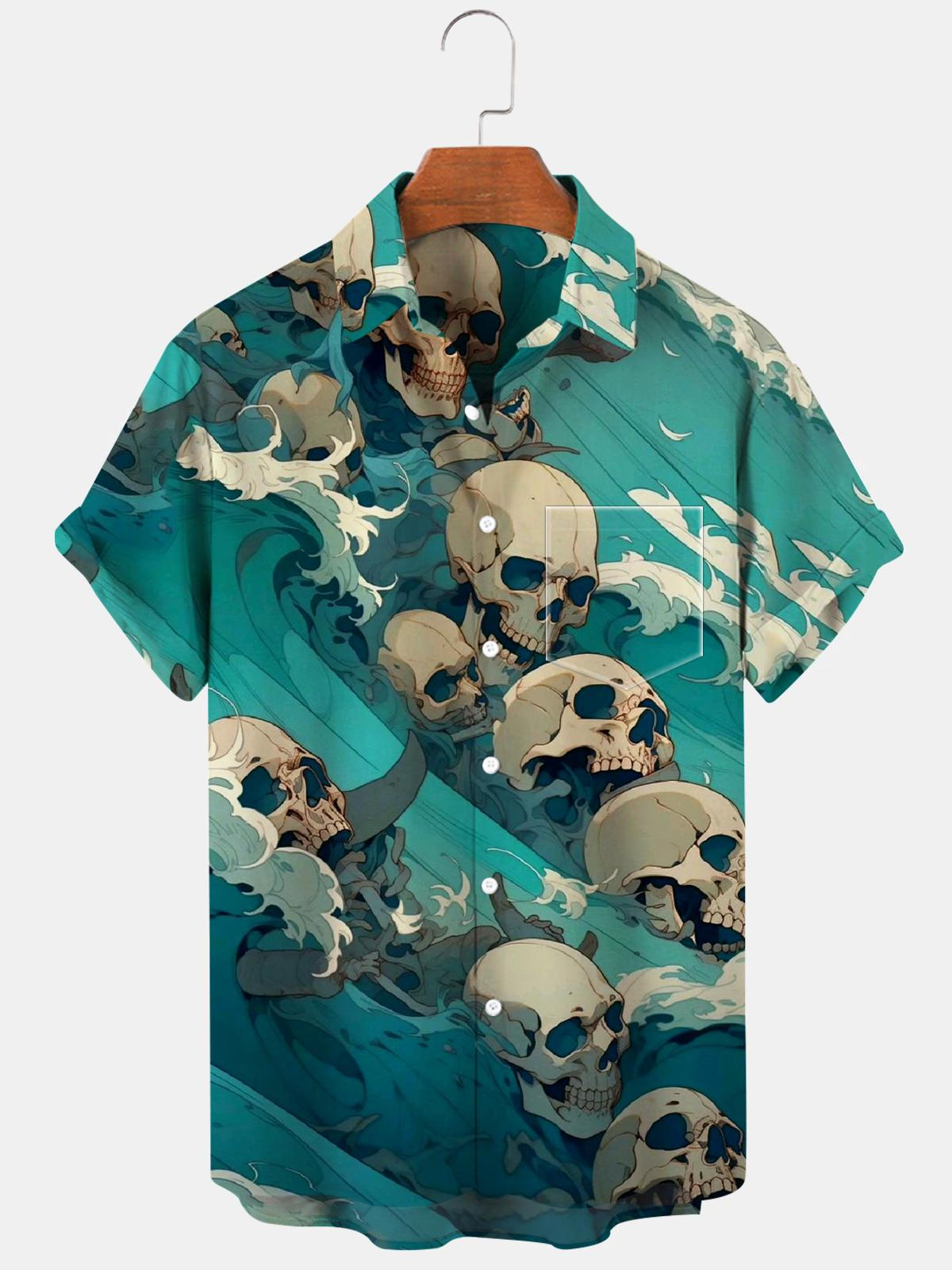 Skull Sea Wave Short Sleeve Men's Shirts With Pocket