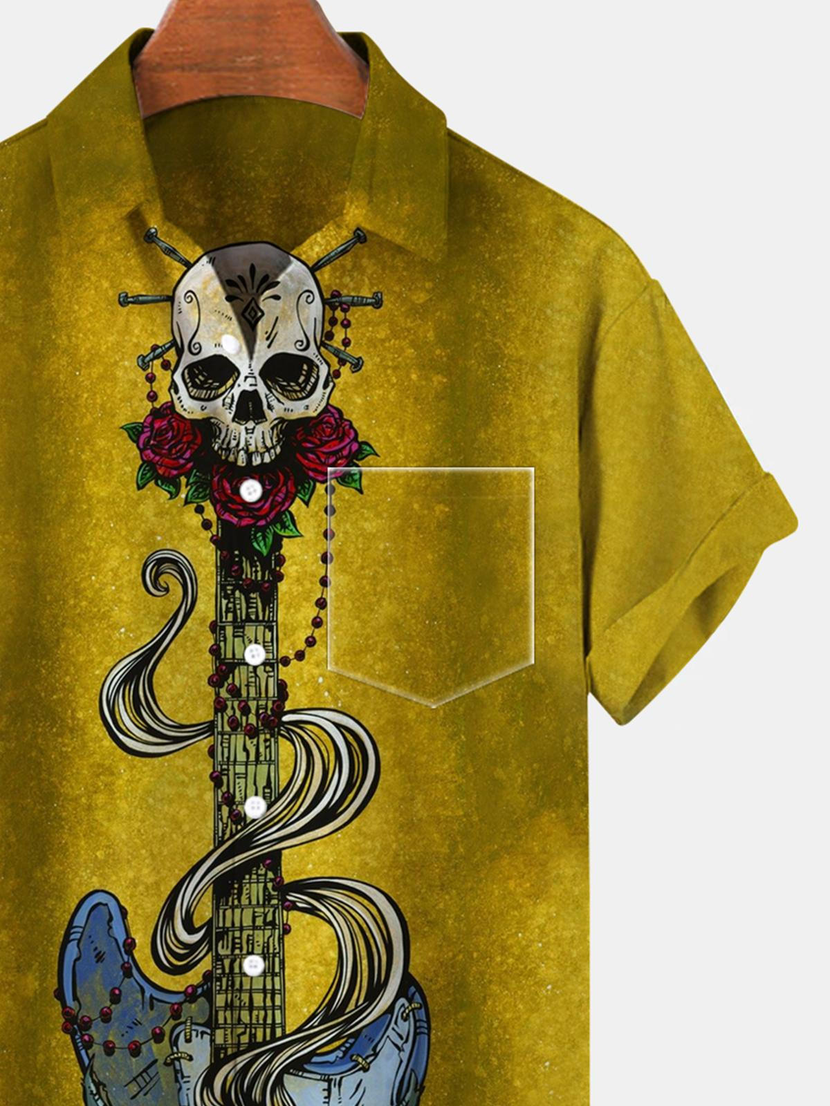 Skull Guitar Short Sleeve Men's Shirts With Pocket