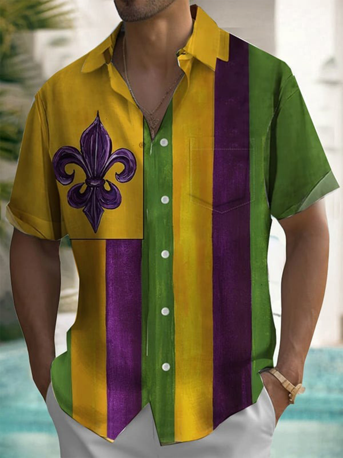 Mardi Gras Striped Short Sleeve Men's Shirts With Pocket