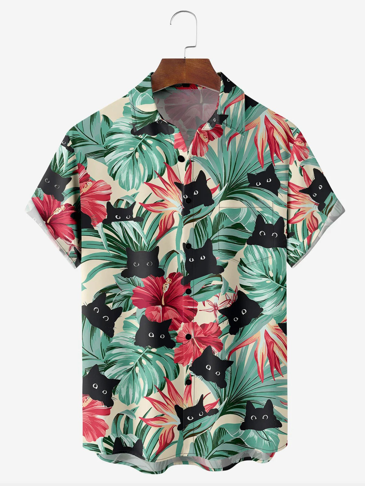 Lustige schwarze Katze Hawaiian Kurzarm Herrenhemden mit Tasche