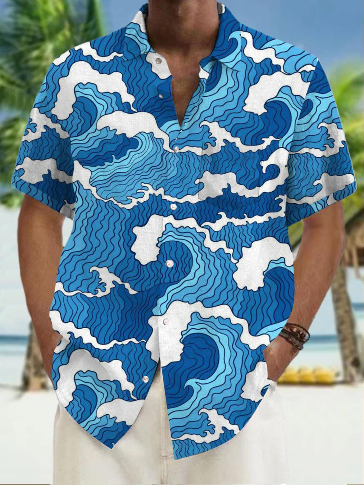 Wave Print Short Sleeve Men's Shirts With Pocket