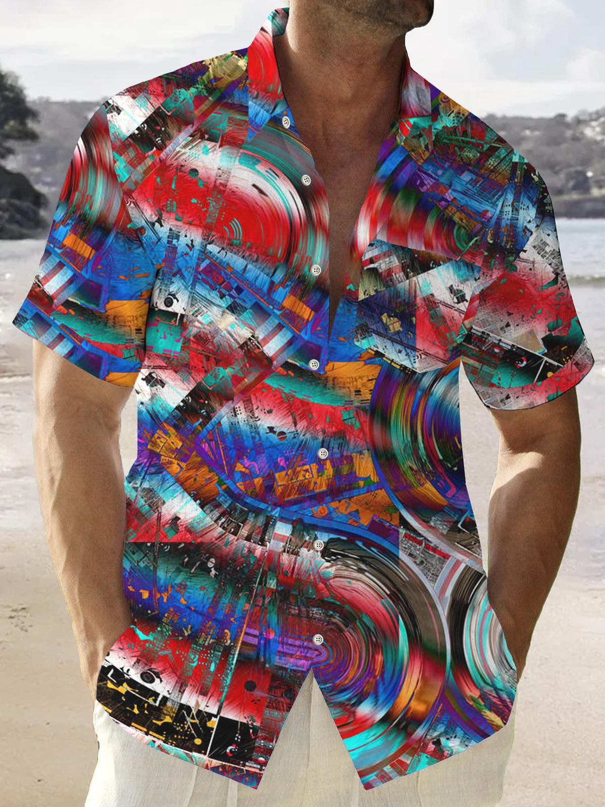 Art Abstract Hippie Short Sleeve Men's Shirts With Pocket