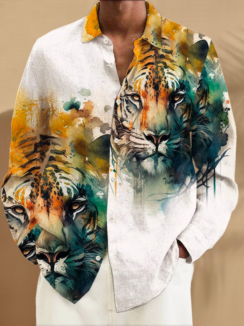 Men's Tiger Print Button Pocket Long Sleeve Shirt