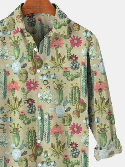 Cactus Long Sleeve Men's Shirts With Pocket