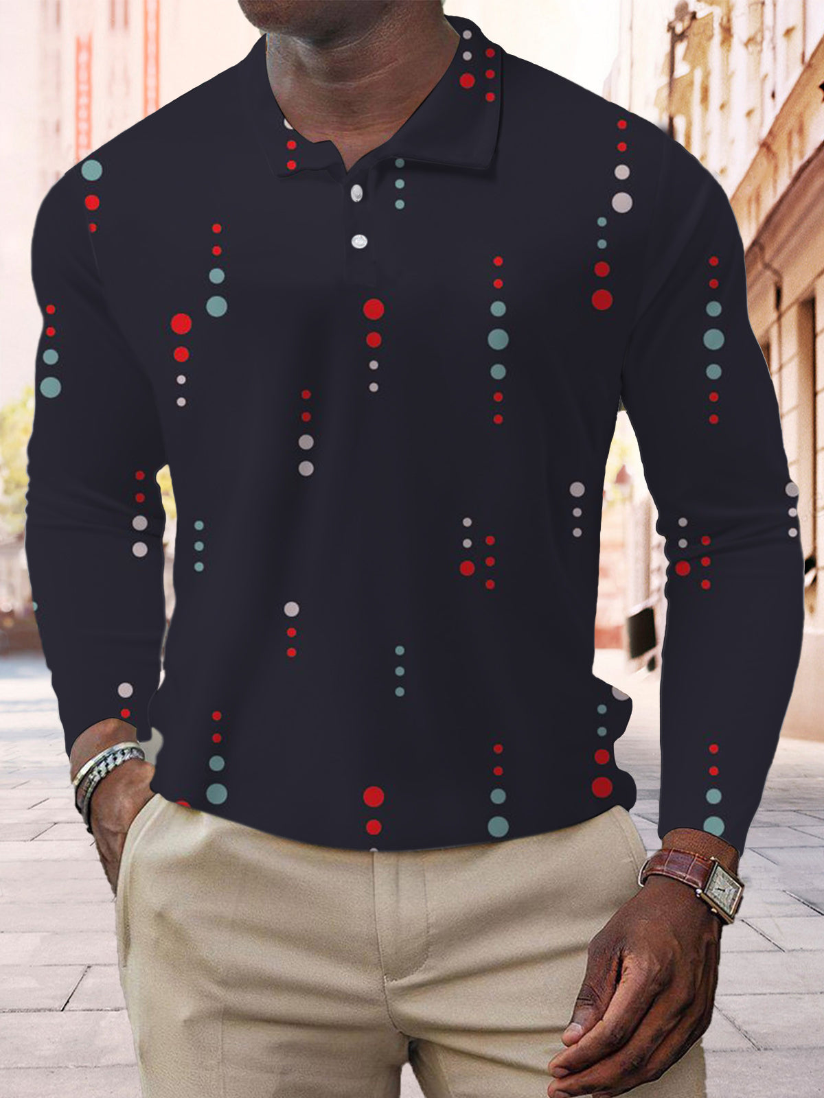 Geometric Print Men's Long Sleeve Button Polo