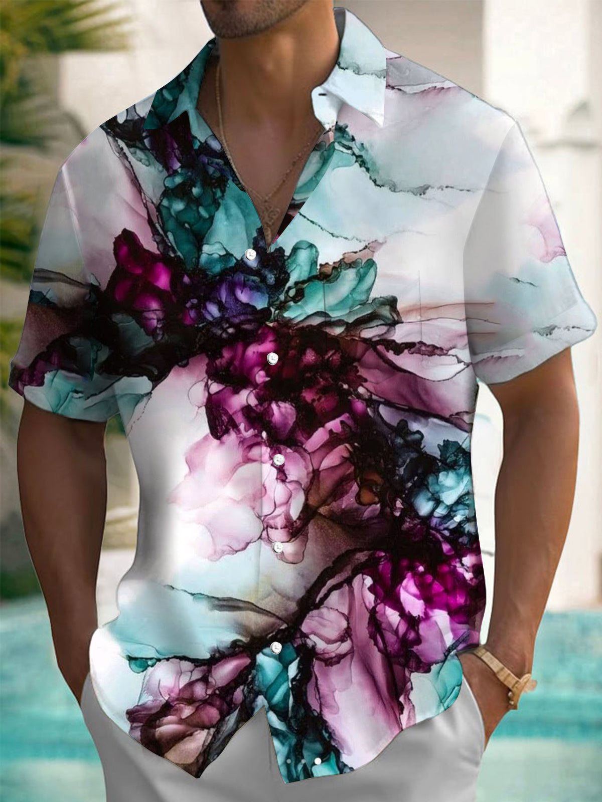 Abstract Short Sleeve Men's Shirts With Pocket