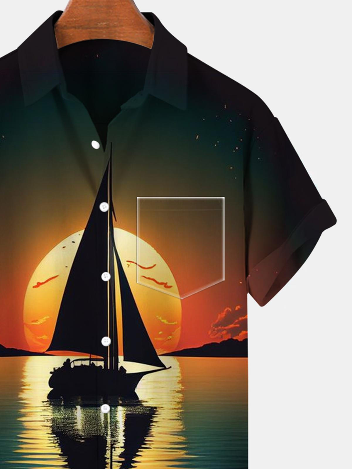 Boat Sunset Kurzarm Herrenhemden mit Tasche