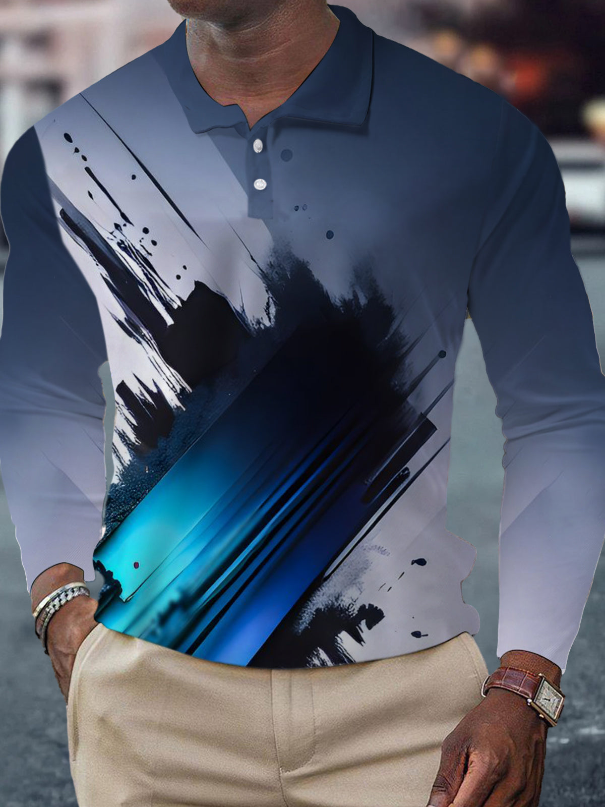 Abstract Print Men's Long Sleeve Button Polo