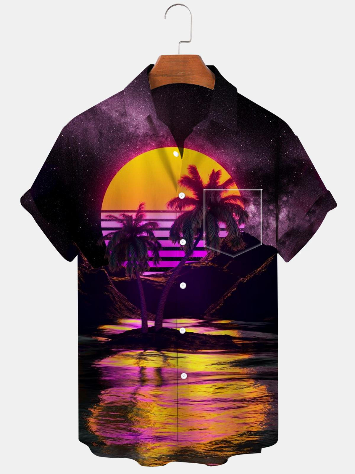 Coconut Tree Moon Sea Kurzarm Herrenhemden mit Tasche