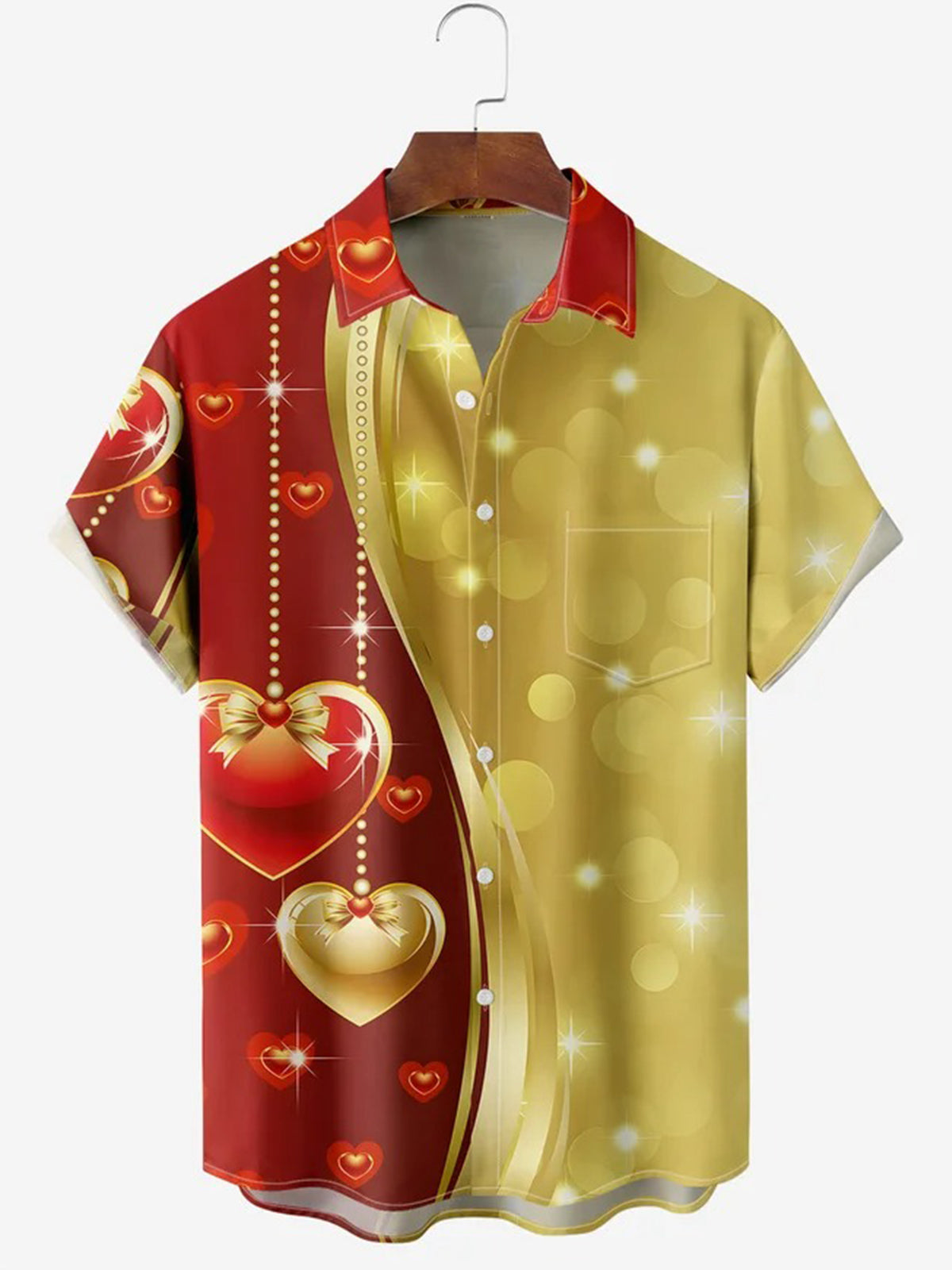 Valentine's Day Heart Print Short Sleeve Men's Shirts With Pocket