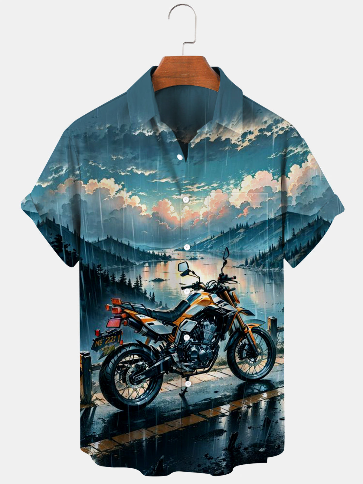 Kurzärmlige Herrenhemden mit Motorrad-Print und Tasche