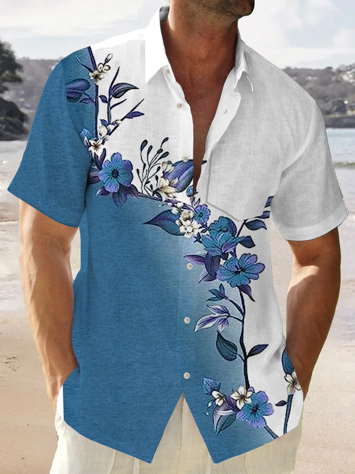 Flower Art Linen Short Sleeve Men's Shirts With Pocket