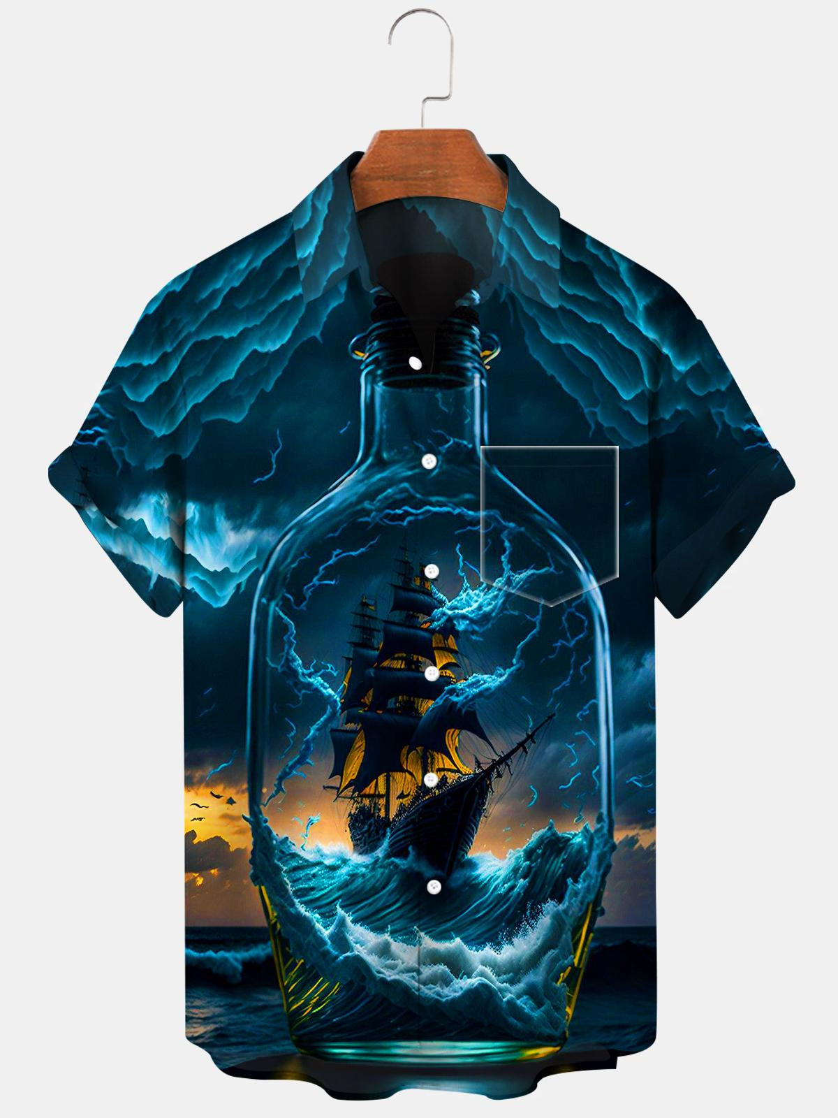 Current Bottle Boat Sea Men's Shirts With Pocket