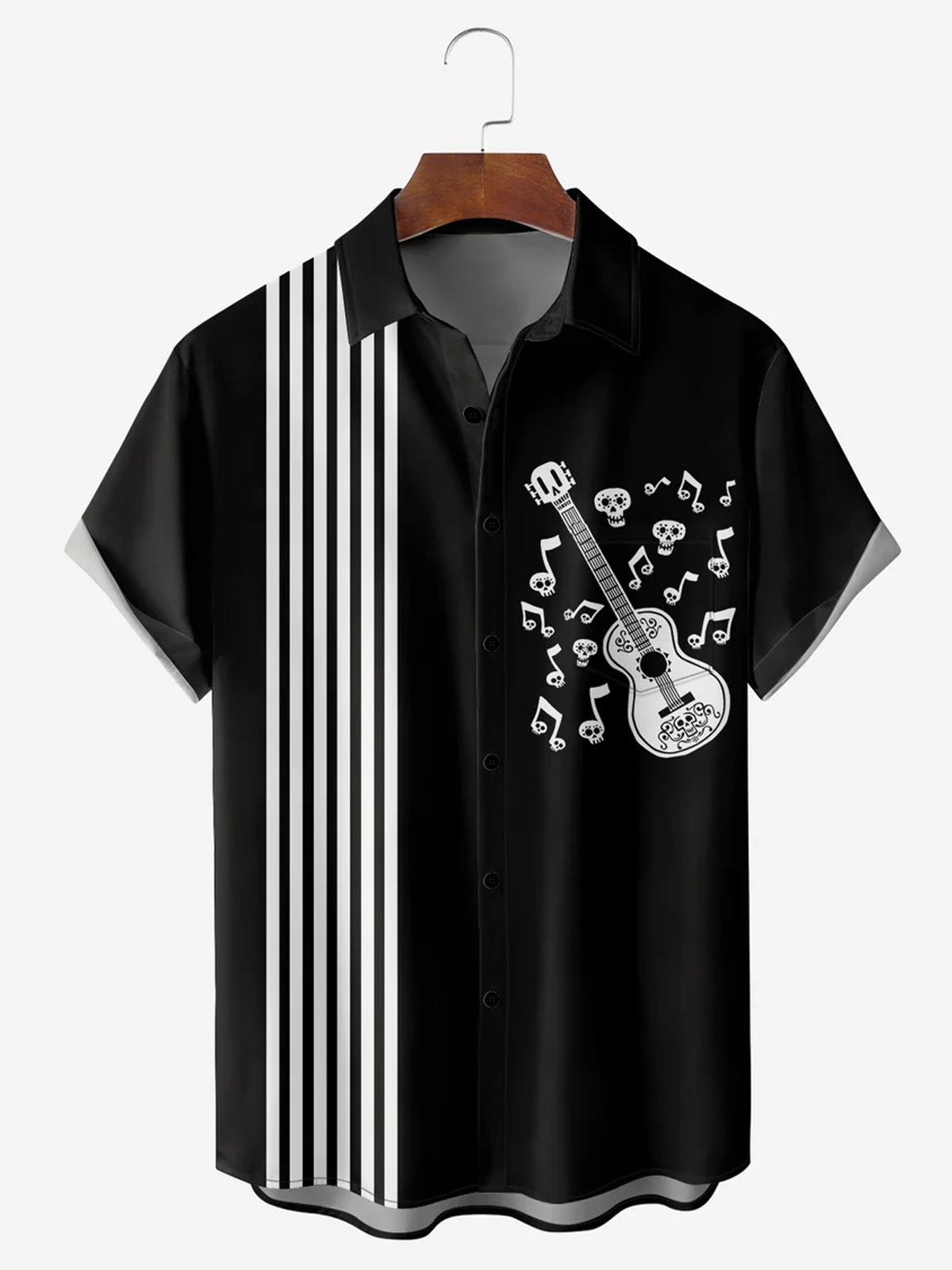 Bowling Guitar Skull Short Sleeve Men's Shirts With Pocket