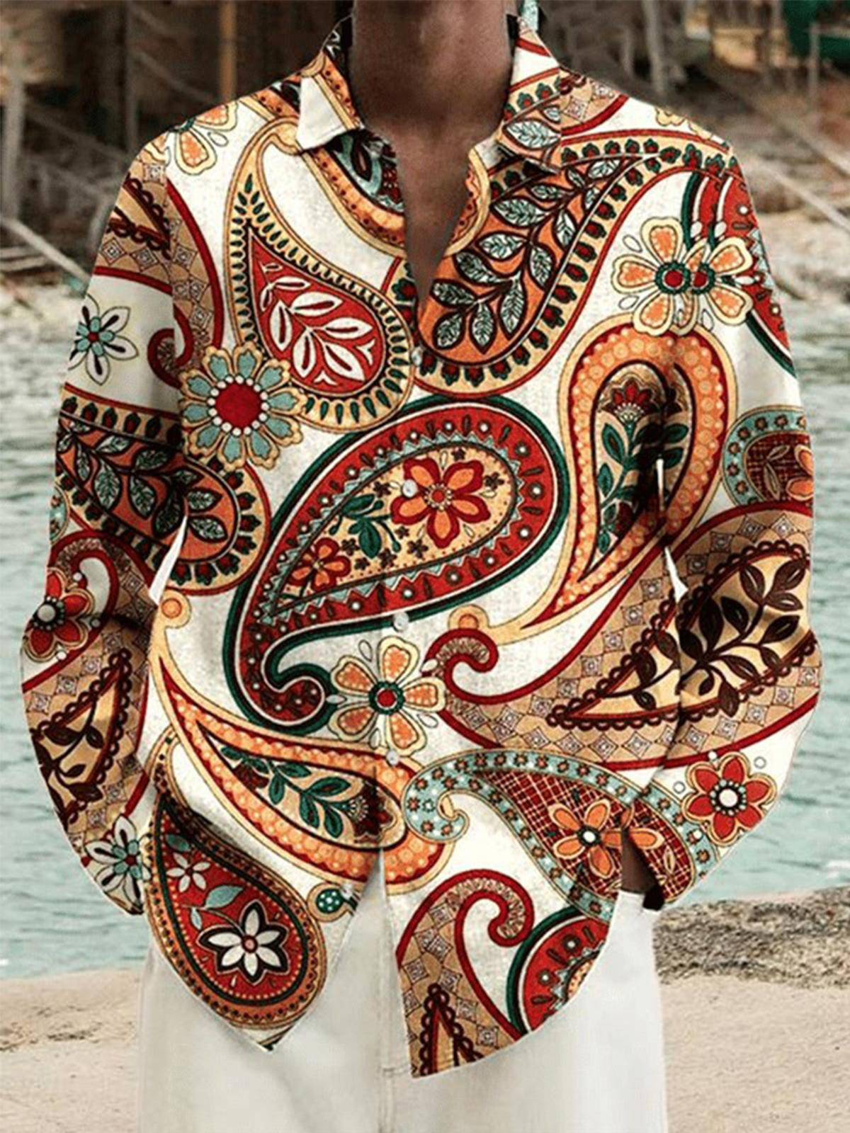 Retro Ethnic Print Long Sleeve Men's Shirts With Pocket